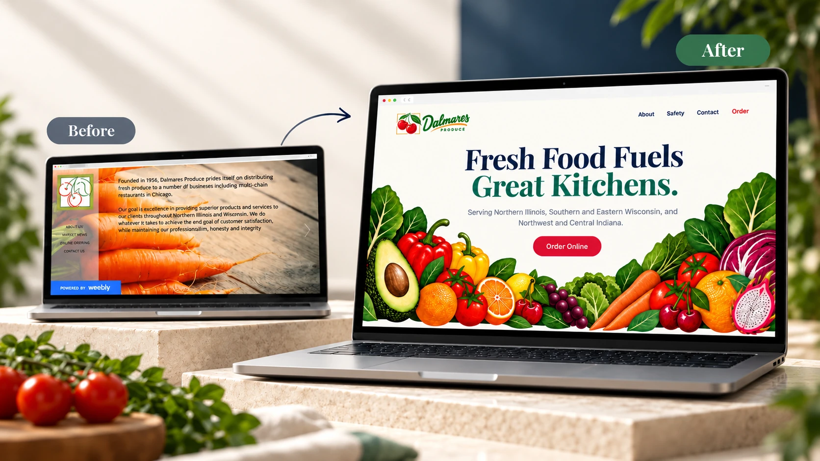 Website redesign shown before and after, side by side on two laptop screens